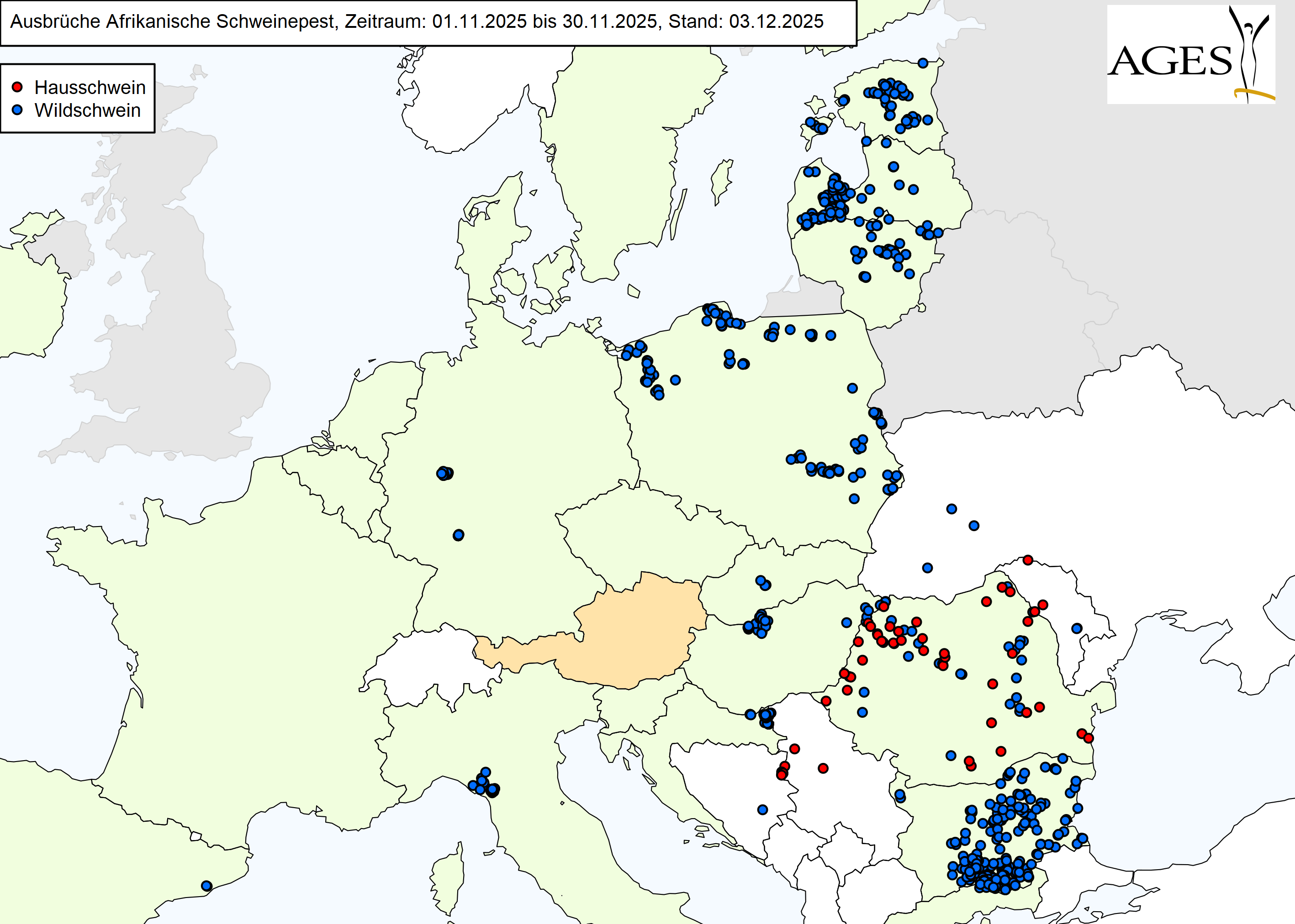 Europakarte zu ASP-Ausbrüche wie in "Situation in Europa" beschrieben.
