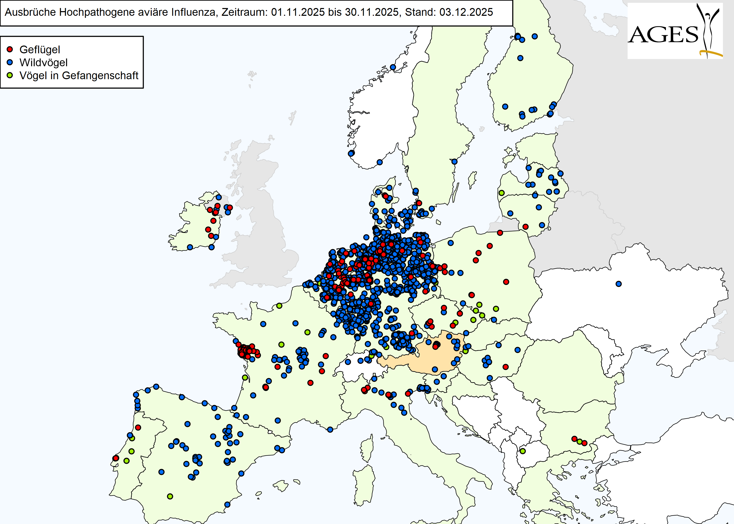 Europakarte mit eingezeichneten HPAI-Ausbrüchen wie in "Situation in Europa" beschrieben.