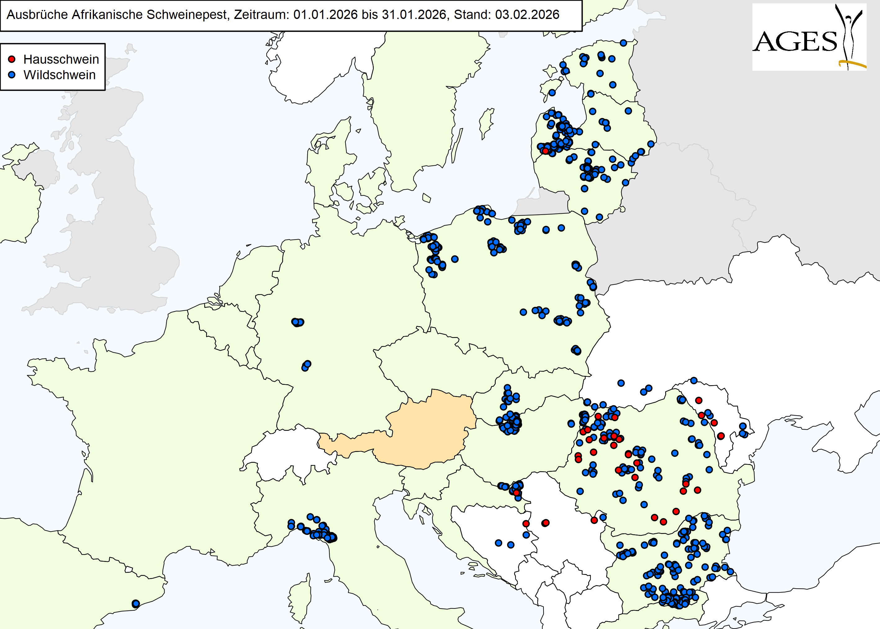 Europakarte zu ASP-Ausbrüche wie in "Situation in Europa" beschrieben.