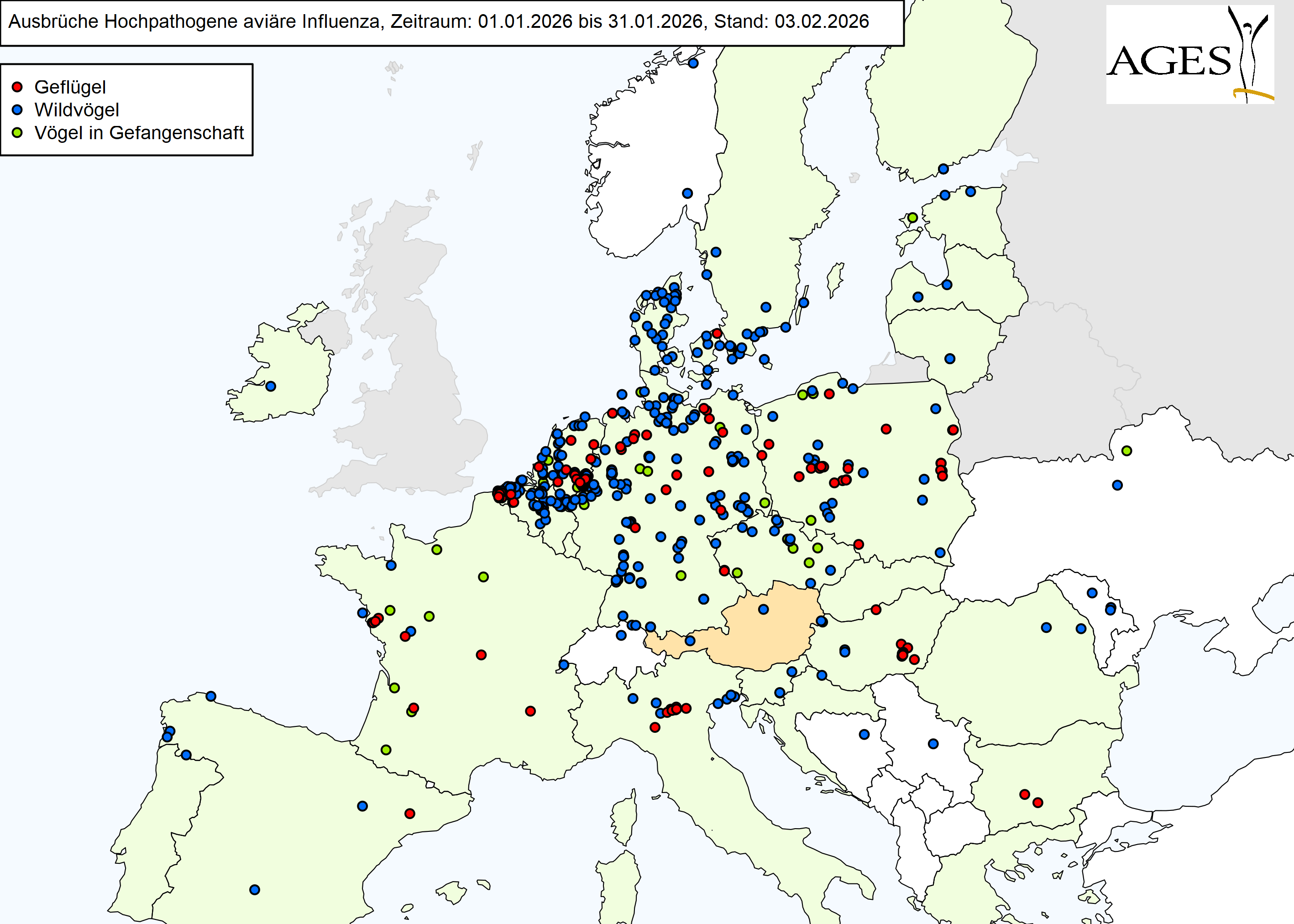 Europakarte mit eingezeichneten HPAI-Ausbrüchen wie in "Situation in Europa" beschrieben.