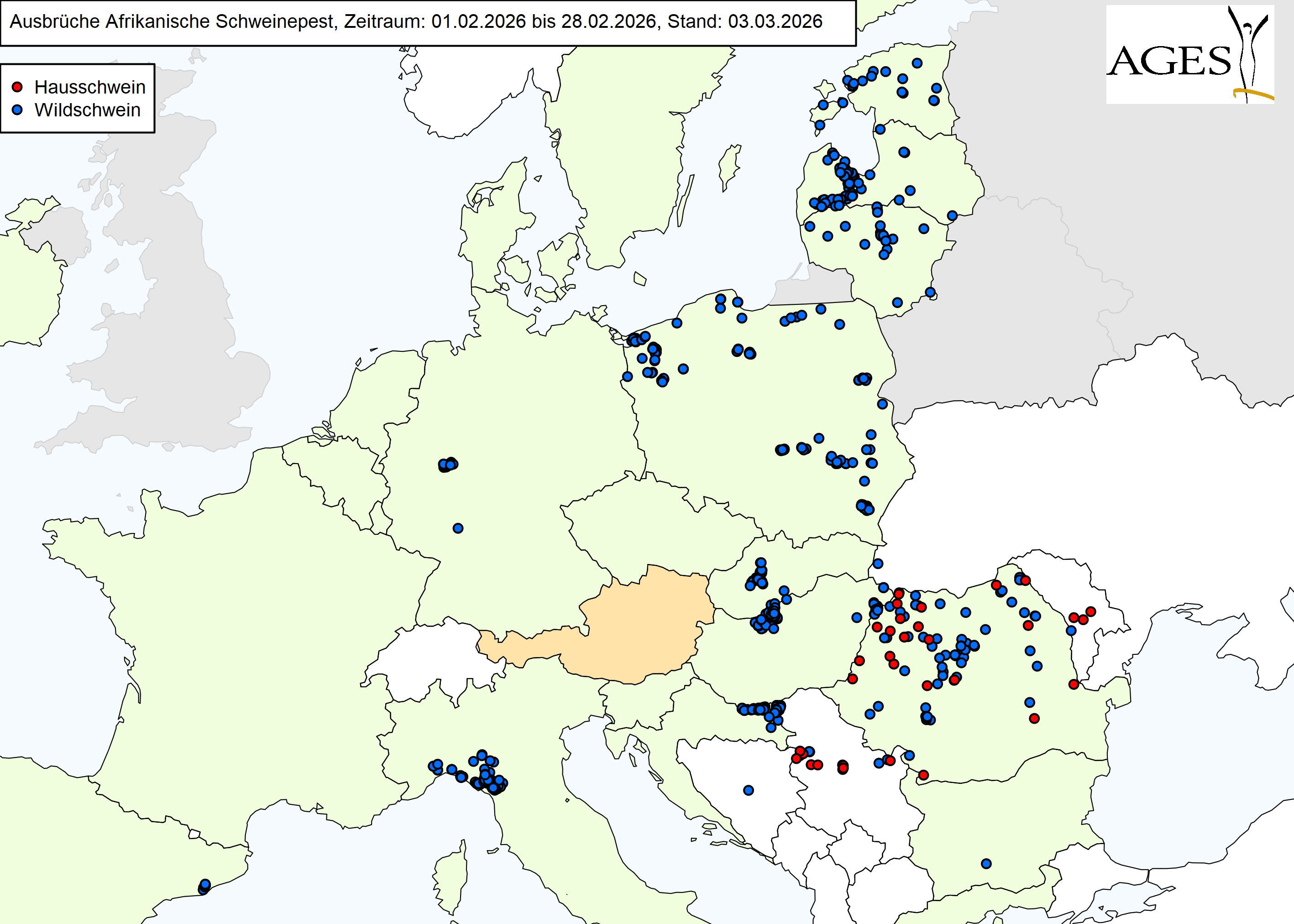 Europakarte zu ASP-Ausbrüche wie in "Situation in Europa" beschrieben.