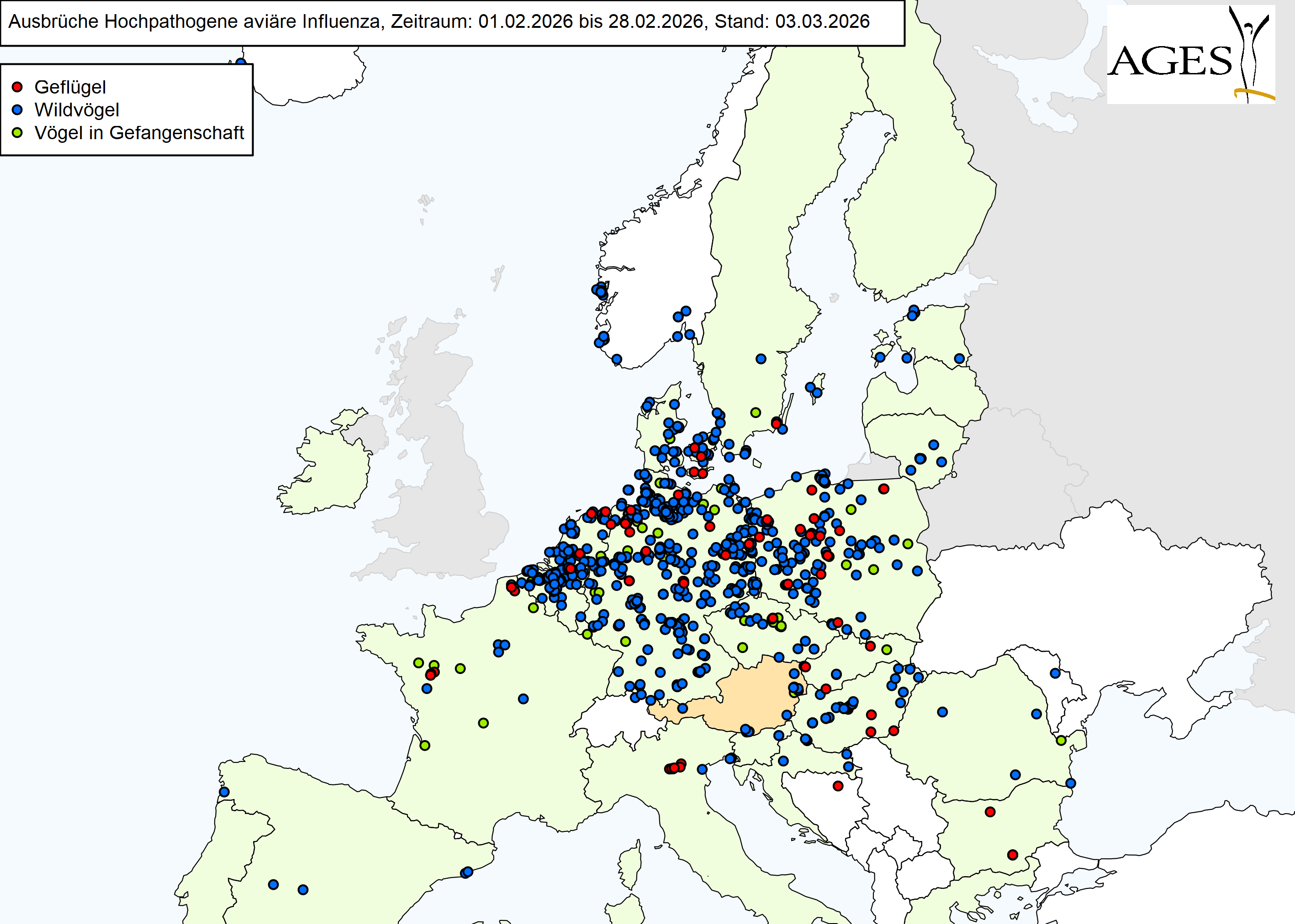Europakarte mit eingezeichneten HPAI-Ausbrüchen wie in "Situation in Europa" beschrieben.