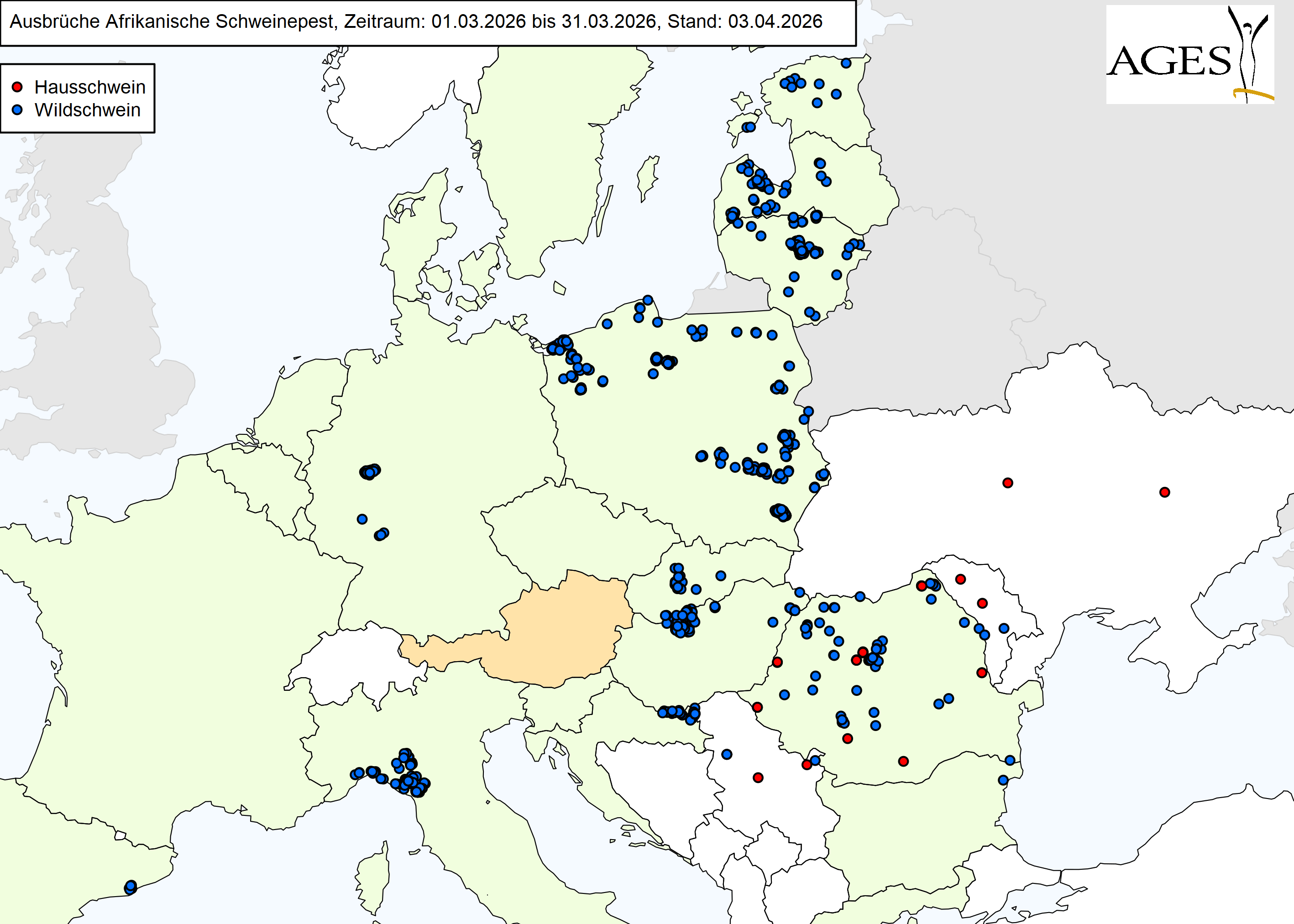 Europakarte zu ASP-Ausbrüche wie in "Situation in Europa" beschrieben.