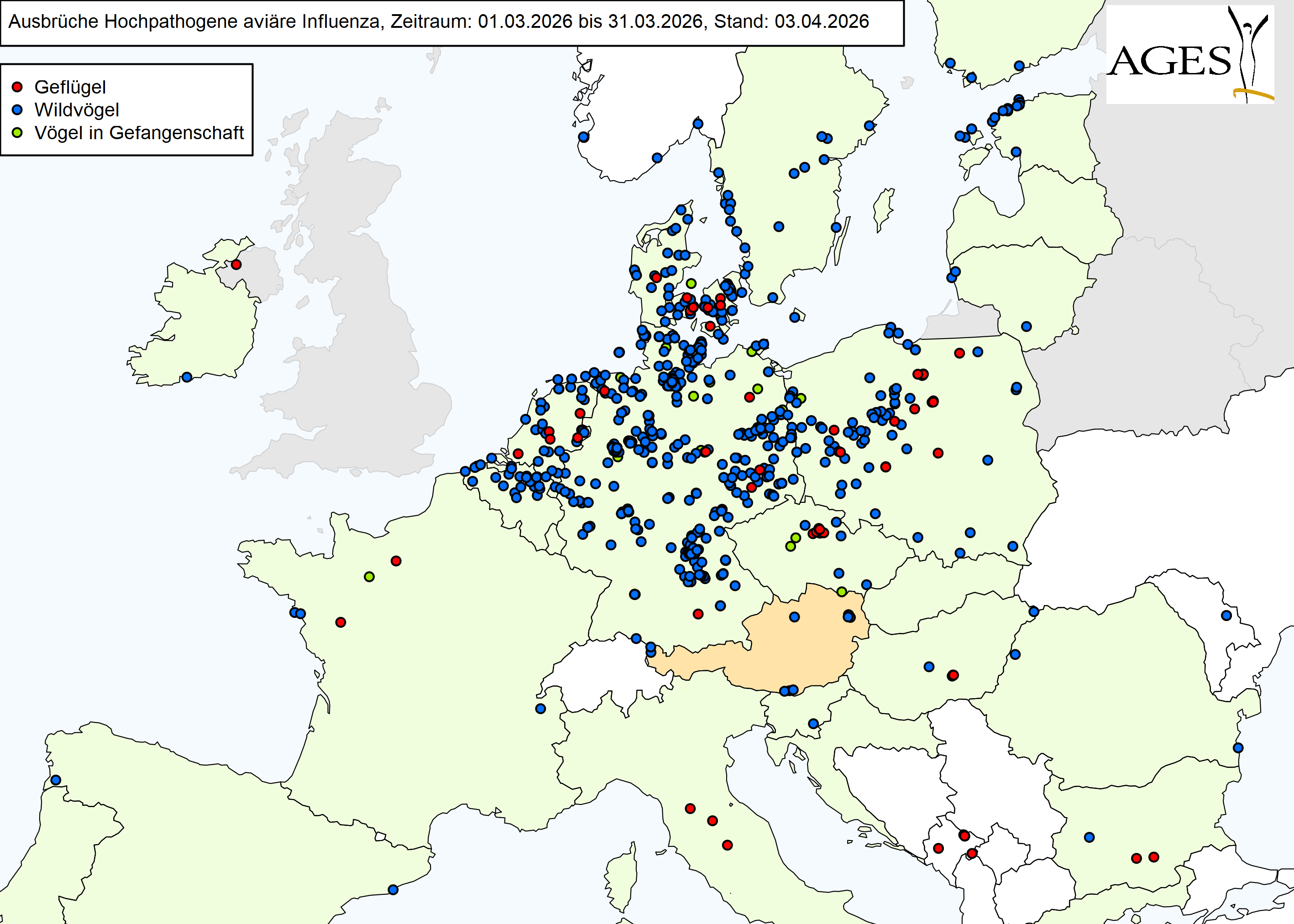 Europakarte mit eingezeichneten HPAI-Ausbrüchen wie in "Situation in Europa" beschrieben.