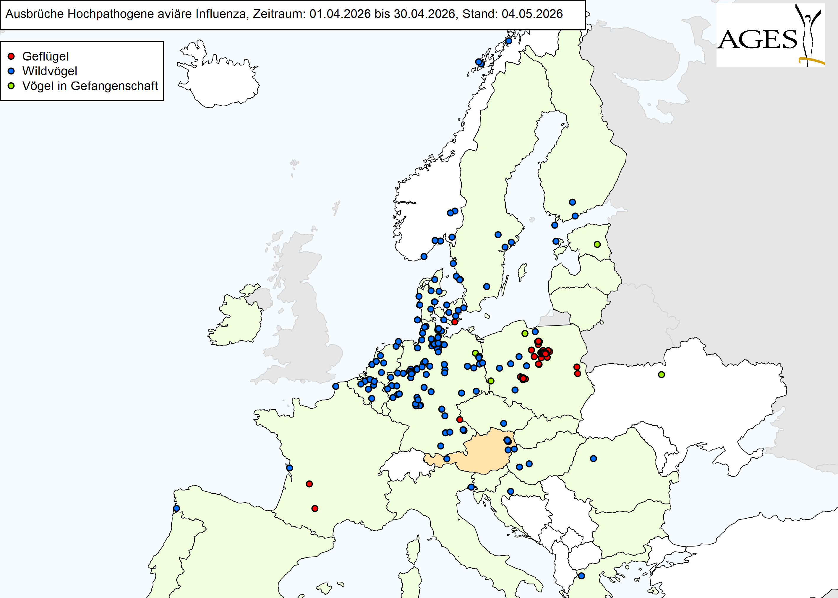 Europakarte mit eingezeichneten HPAI-Ausbrüchen wie in "Situation in Europa" beschrieben.