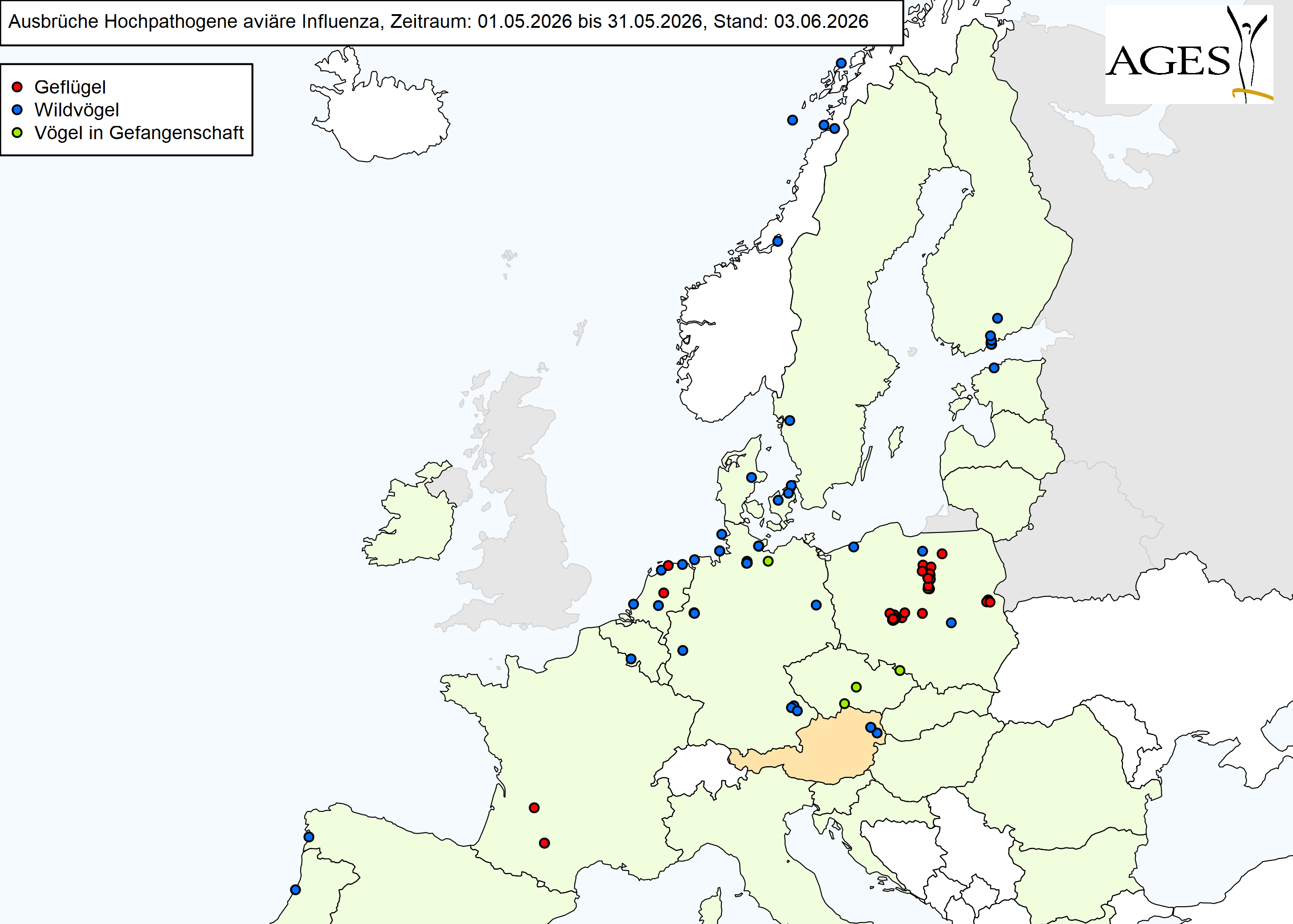 Europakarte mit eingezeichneten HPAI-Ausbrüchen wie in "Situation in Europa" beschrieben.