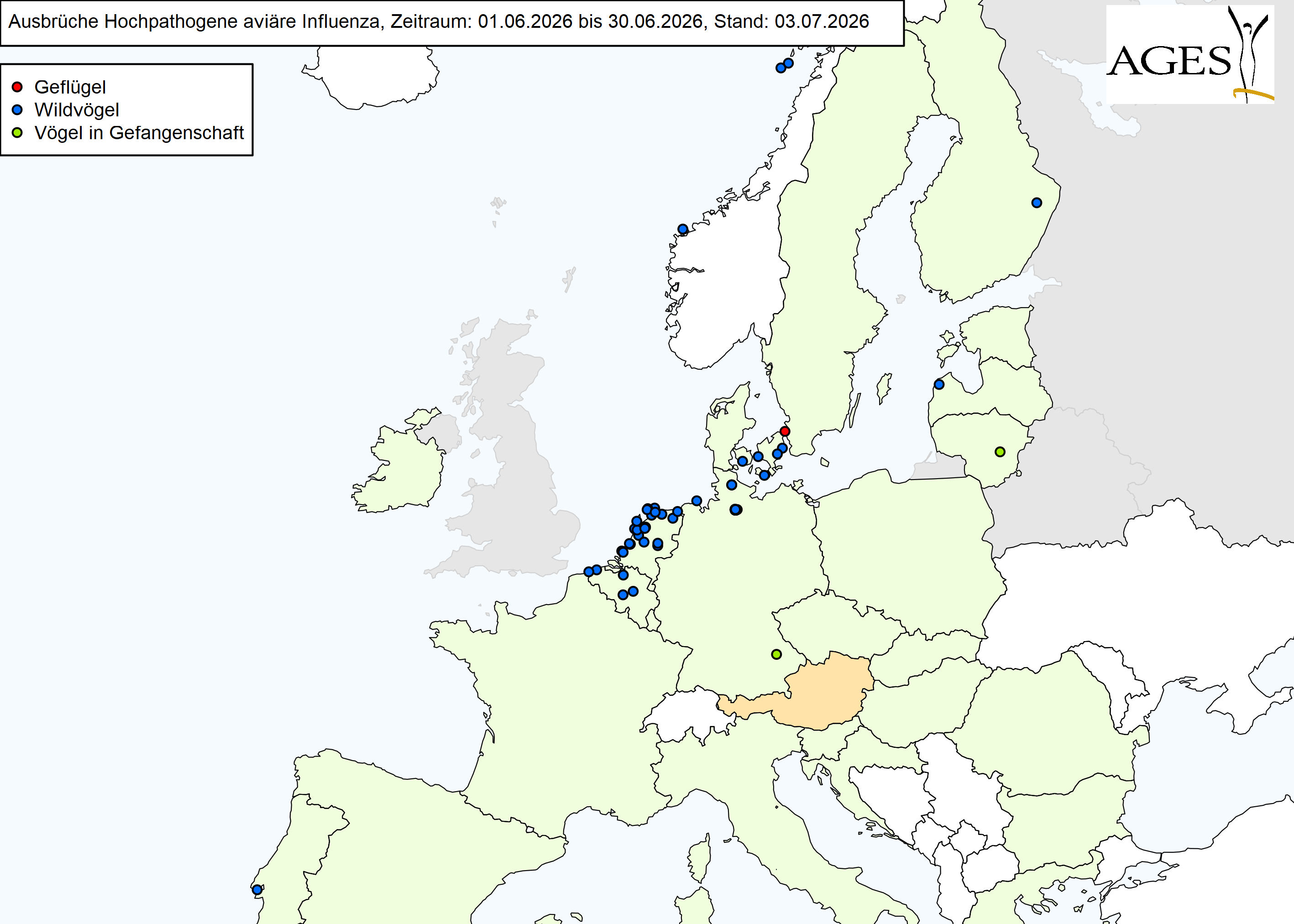 Europakarte mit eingezeichneten HPAI-Ausbrüchen wie in "Situation in Europa" beschrieben.