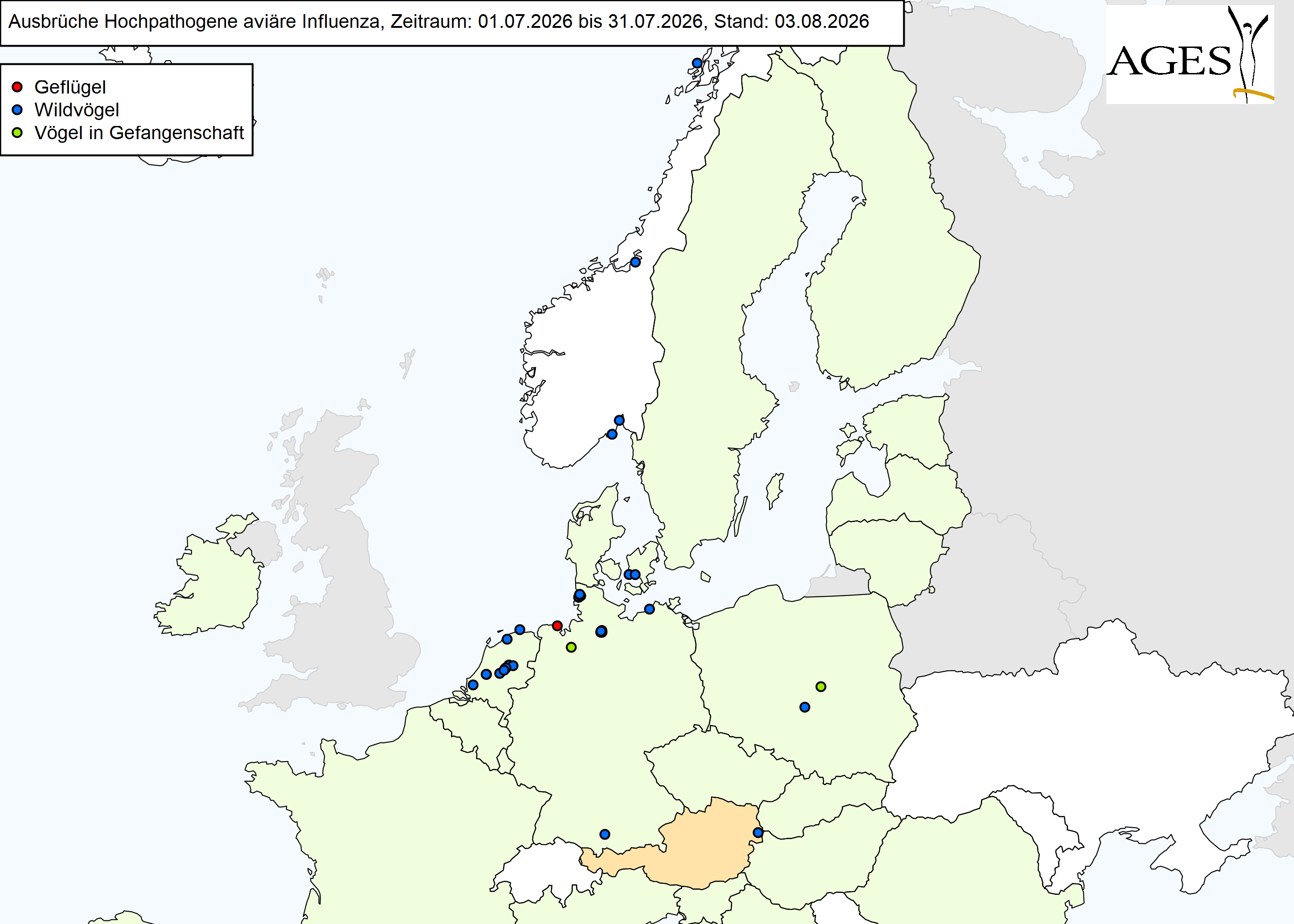 Europakarte mit eingezeichneten HPAI-Ausbrüchen wie in "Situation in Europa" beschrieben.