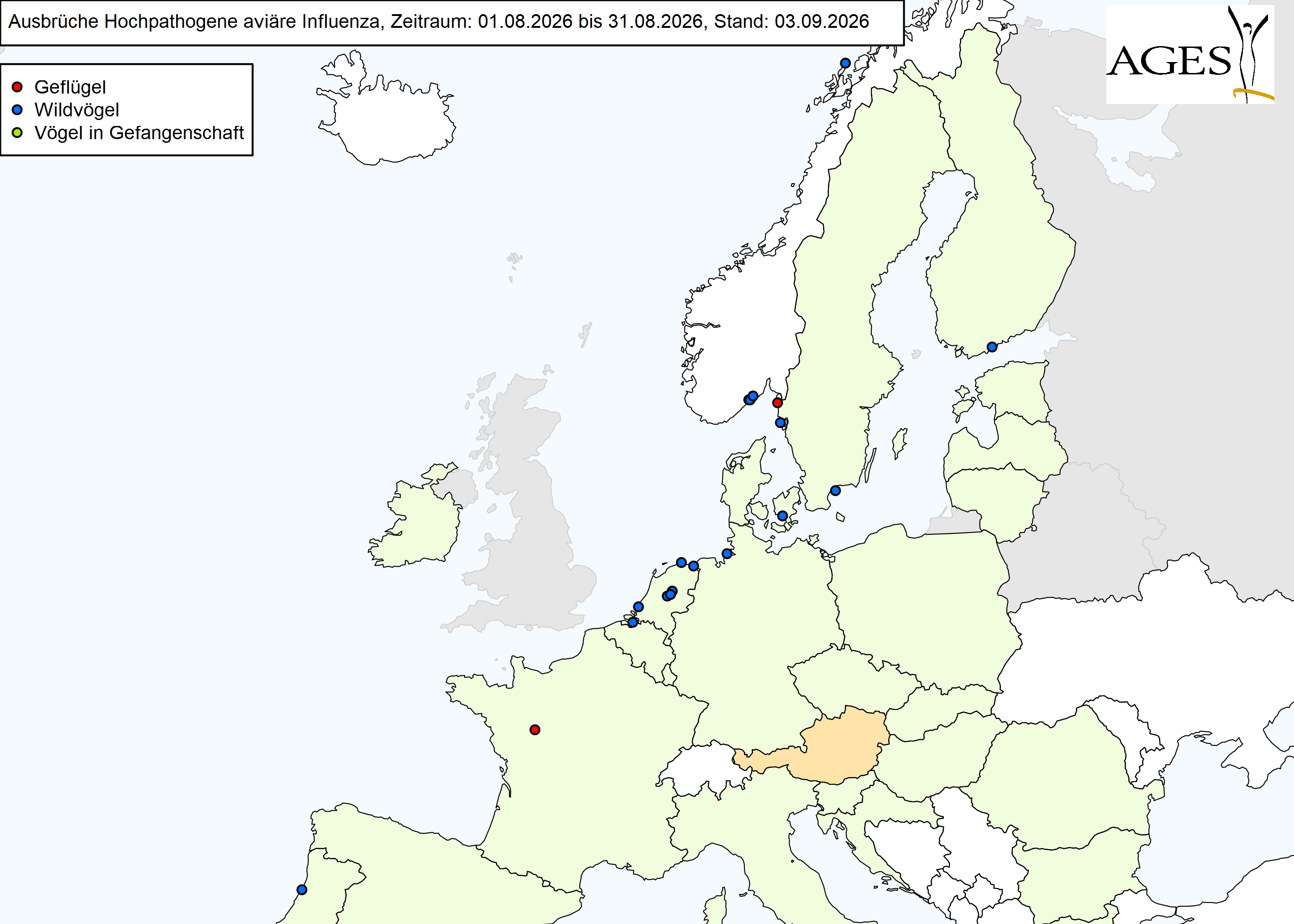 Europakarte mit eingezeichneten HPAI-Ausbrüchen wie in "Situation in Europa" beschrieben.
