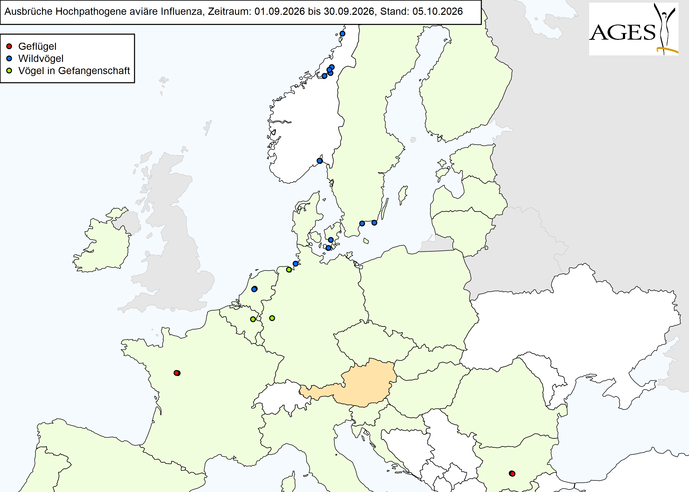Europakarte zu HPAI-Ausbrüche wie in "Situation in Europa" beschrieben.