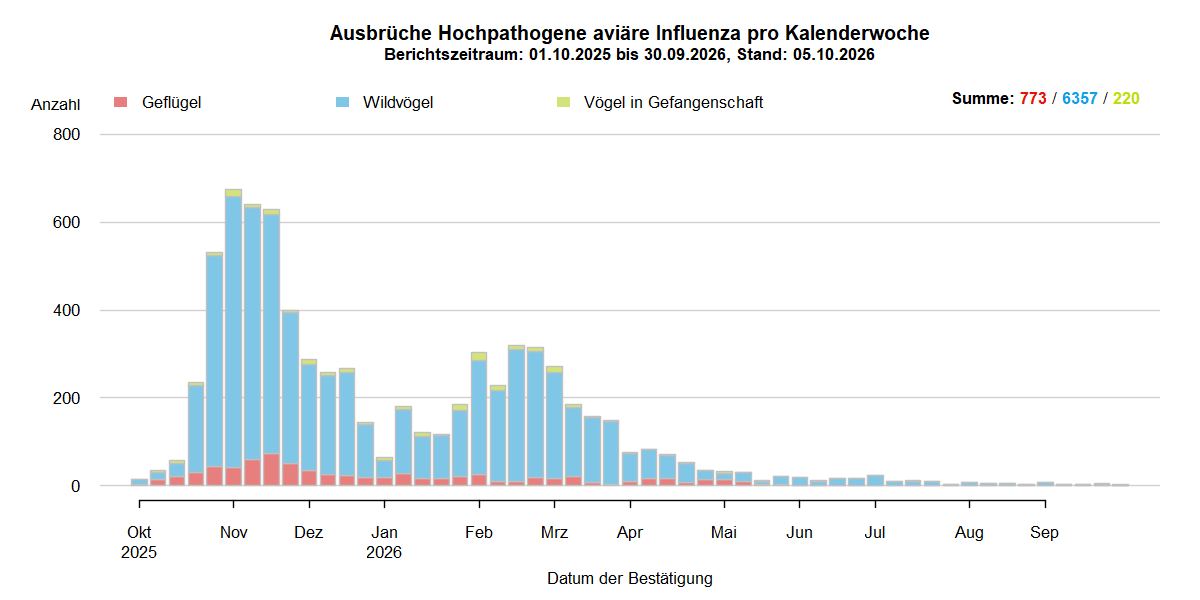Verlaufsgrafik der letzten zwölf Monate zu HPAI-Ausbrüchen in Europa wie im Kapitel Situation in Europa beschrieben. In den Sommermonaten 2025 nur wenige Ausbrüche in Europa. Mit Beginn der HPAI-Saison 2025/2026 steigen ab September 2025 die Ausbruchszahlen bei Wildvögeln stark an. Vermehrt sind auch Geflügelbestände und Vögel in Gefangenschaft in Europa betroffen. Nach dem Höhepunkt der Ausbrüche im November 2025 sank die Zahl der Ausbrüche bis Januar, steigen dann jedoch bis März wieder. Ab März ist erneut ein Absinken der Ausbruchszahlen zu beobachten, die Zahl bleibt jedoch auf hohem Niveau. Ab April sinken die Ausbruchszahlen in Europa deutlich und im Juni gehen die Ausbrüche weiter stark zurück. Über die Sommermonate bis in den Herbst sinken die Ausbruchszahlen bleiben die Ausbruchszahlen konstant niedrig.