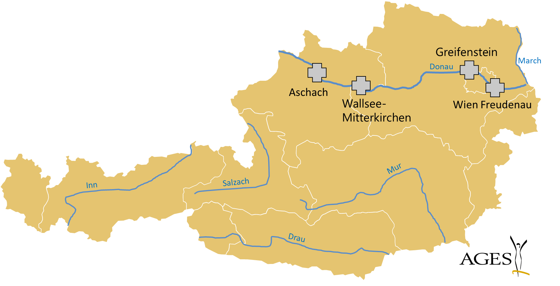 © AGES Die Grafik zeigt die Probenahmestellen des Donau-Monitorings. Die Probenahmestellen des Donau-Monitorings sind in Aschach, Walless-Mitterkirchen, Greifenstein und Wien Freudenau.