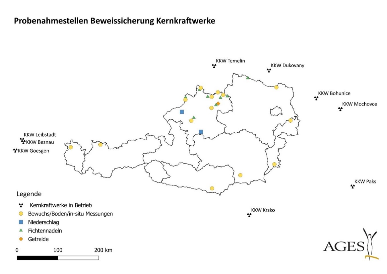 © AGES Probenahmestellen des Projekts Beweissicherung Kernkraftwerke: Die Abbildung zeigt eine Karte von Österreich. Rund um Österreich ist die Lage und der Name der umgebenden Kernkraftwerke eingezeichnet. Innerhalb Österreichs sind die Probenahmestellen für Boden und Bewuchs, Niederschlag, Fichtennadeln und Getreide eingezeichnet. Sie befinden sich hauptsächlich in der Nähe der Grenze.