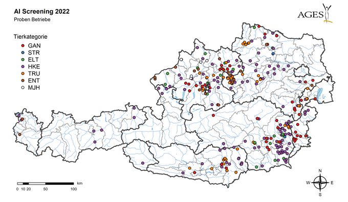 Karte zeigt die Lage der Betriebe, die auf Aviäre Influenza getestet wurden (Vergrößert das Bild in einem Dialog Fenster)