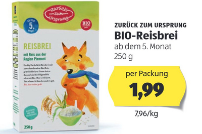 Bild einer Packung "Zurück zum Ursprung" BIO Reisbrei