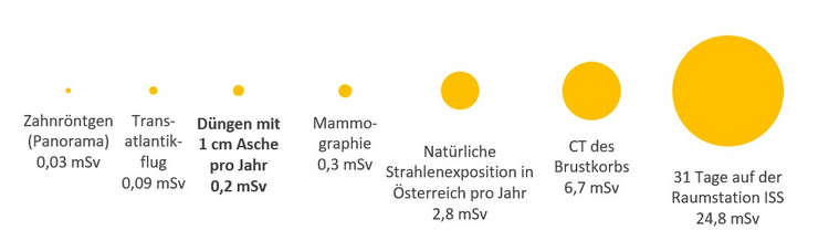 Zum Vergleich:  Ein Panorama Zahnröntgen entspricht einer Dosis von 0,03 Millisievert. Ein Transatlantikflug oder eine Lungenröntgenaufnahme entspricht einer Dosis von ca. 0,05 – 0,09 Millisievert, Düngen mit ein Zentimeter Asche pro Jahr entspricht 0,2 Millisievert, eine Mammografieuntersuchung ca. 0,2 bis 0,3 Millisievert. Die natürliche Strahlenexposition in Österreich beträgt ca. 3 Millisievert pro Jahr. Ein CT des Brustkorbs entspricht 6,7 Millisievert und 31 Tage auf der Raumstation ISS 24,8 Millisievert.